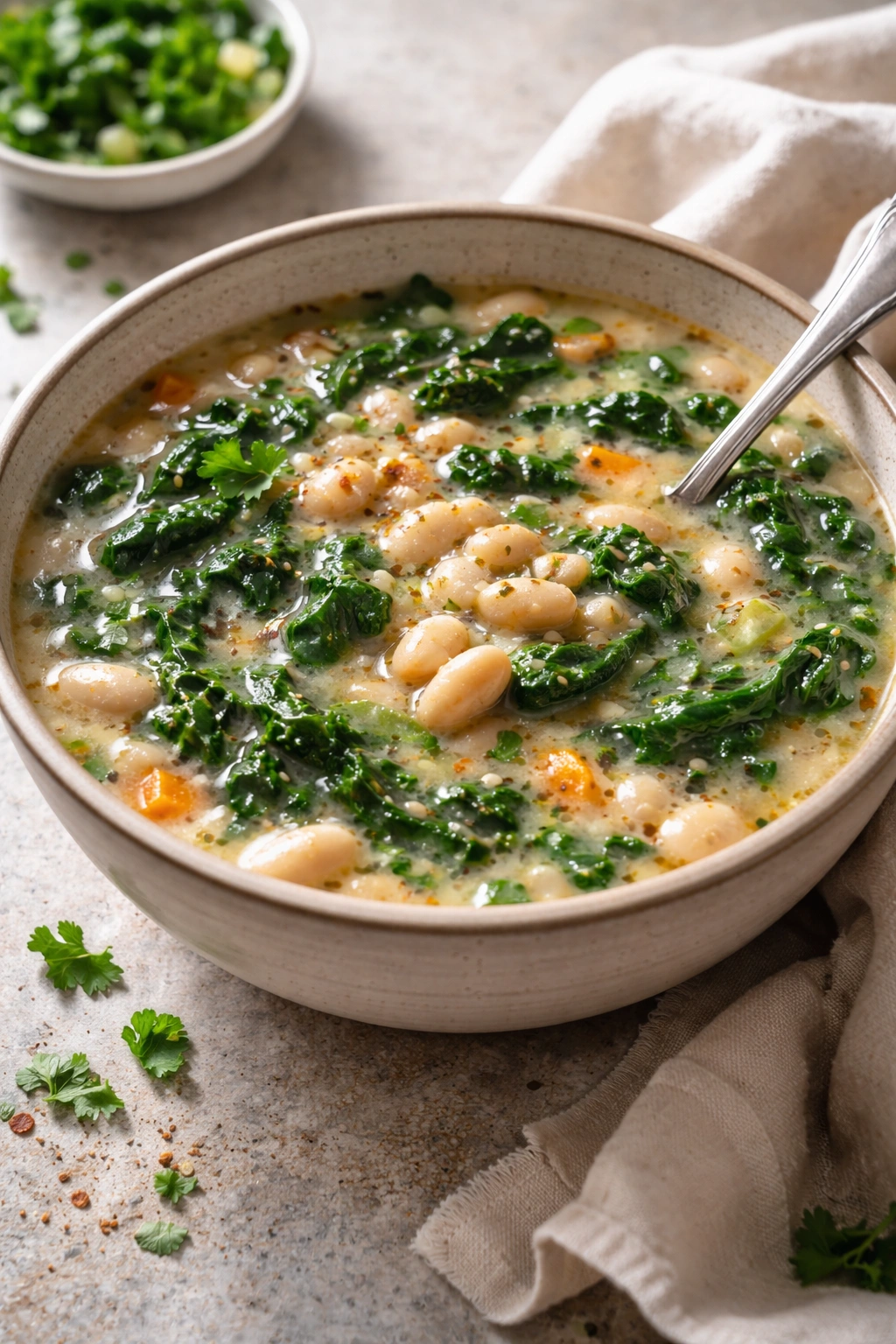 Pale bean soup with greens in a rustic bowl.