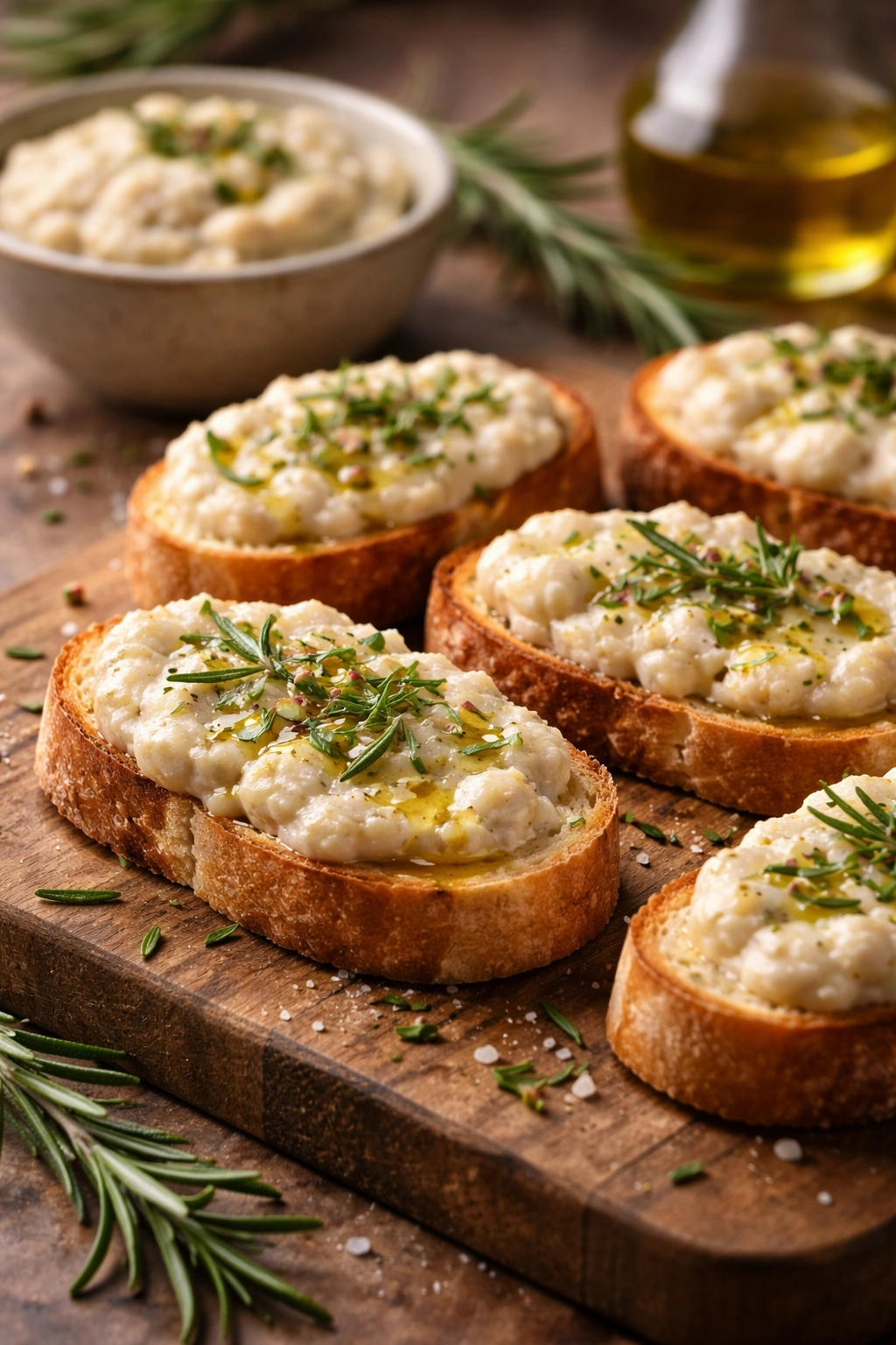 Crostini with white bean spread, rosemary, and truffle oil.