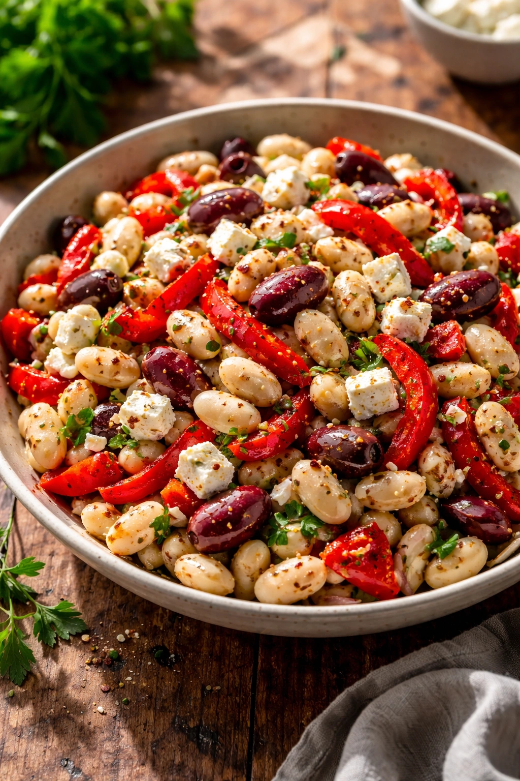 White bean salad with roasted peppers and feta