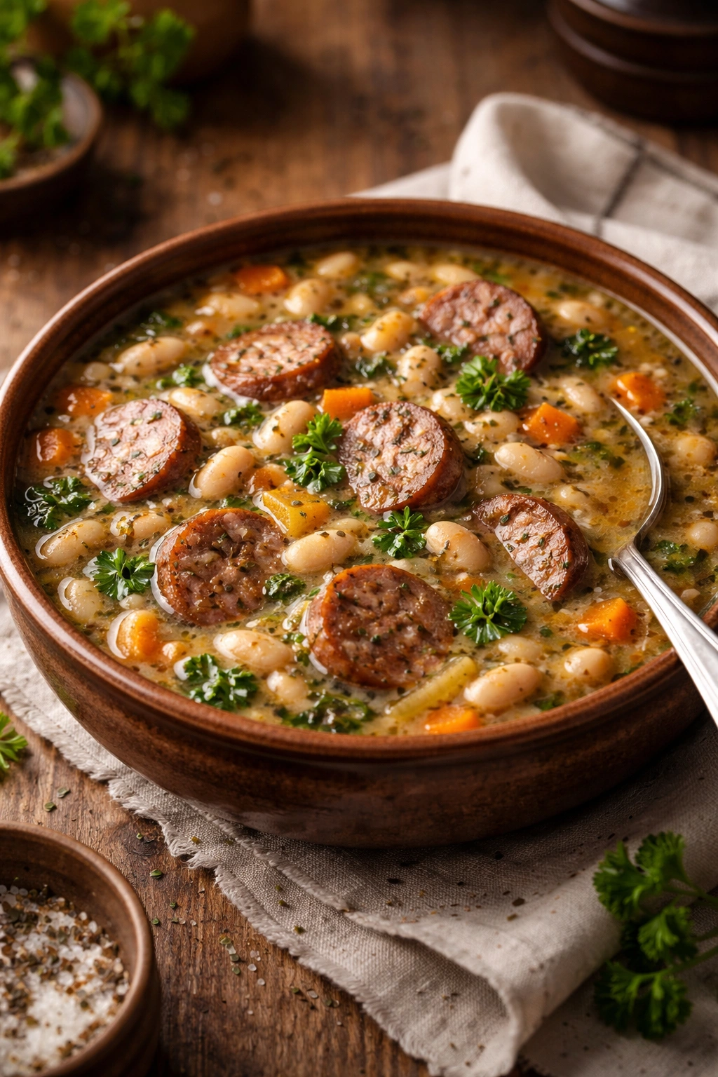 White bean and sausage soup in rustic bowl