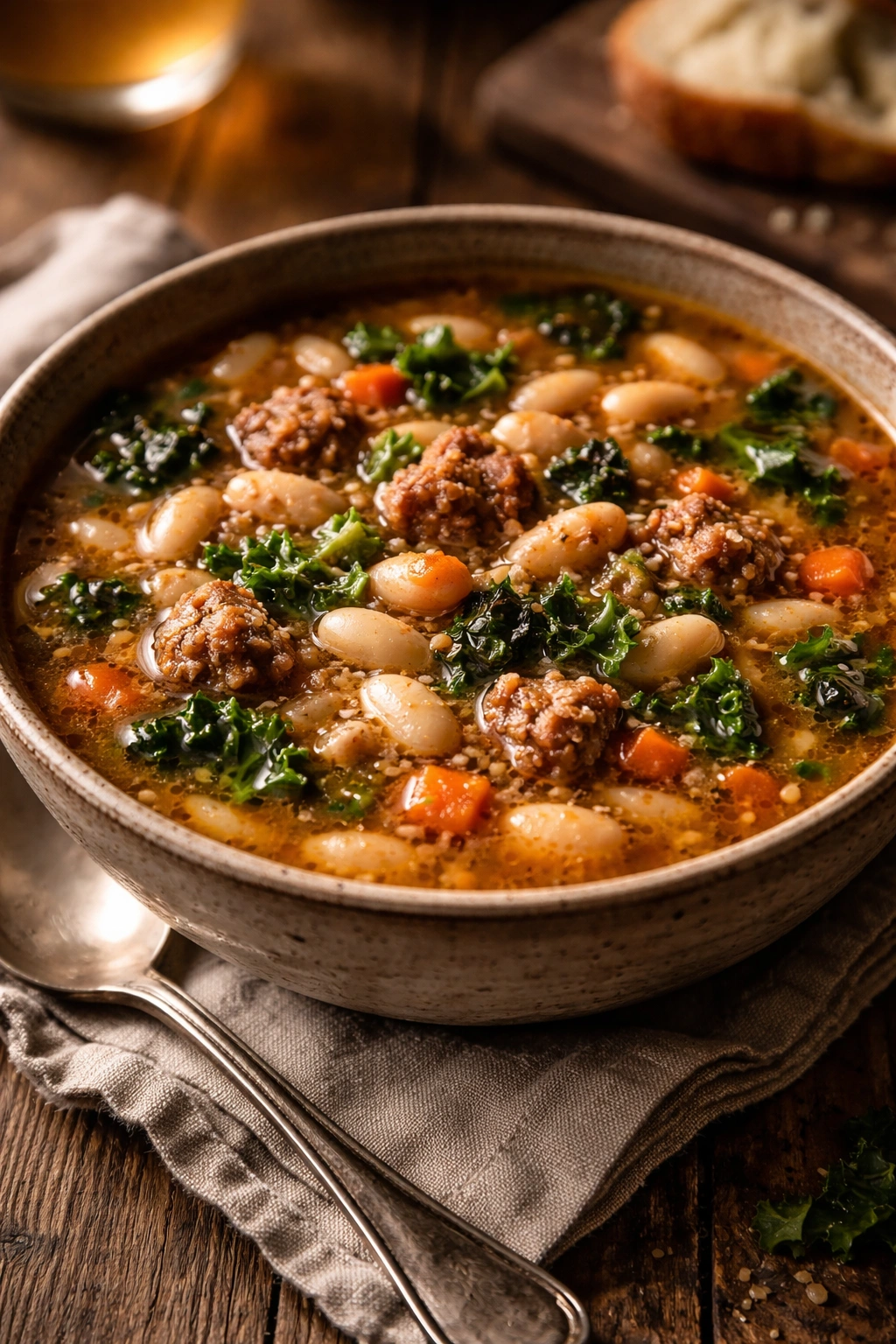 Rustic white bean and sausage soup in a bowl