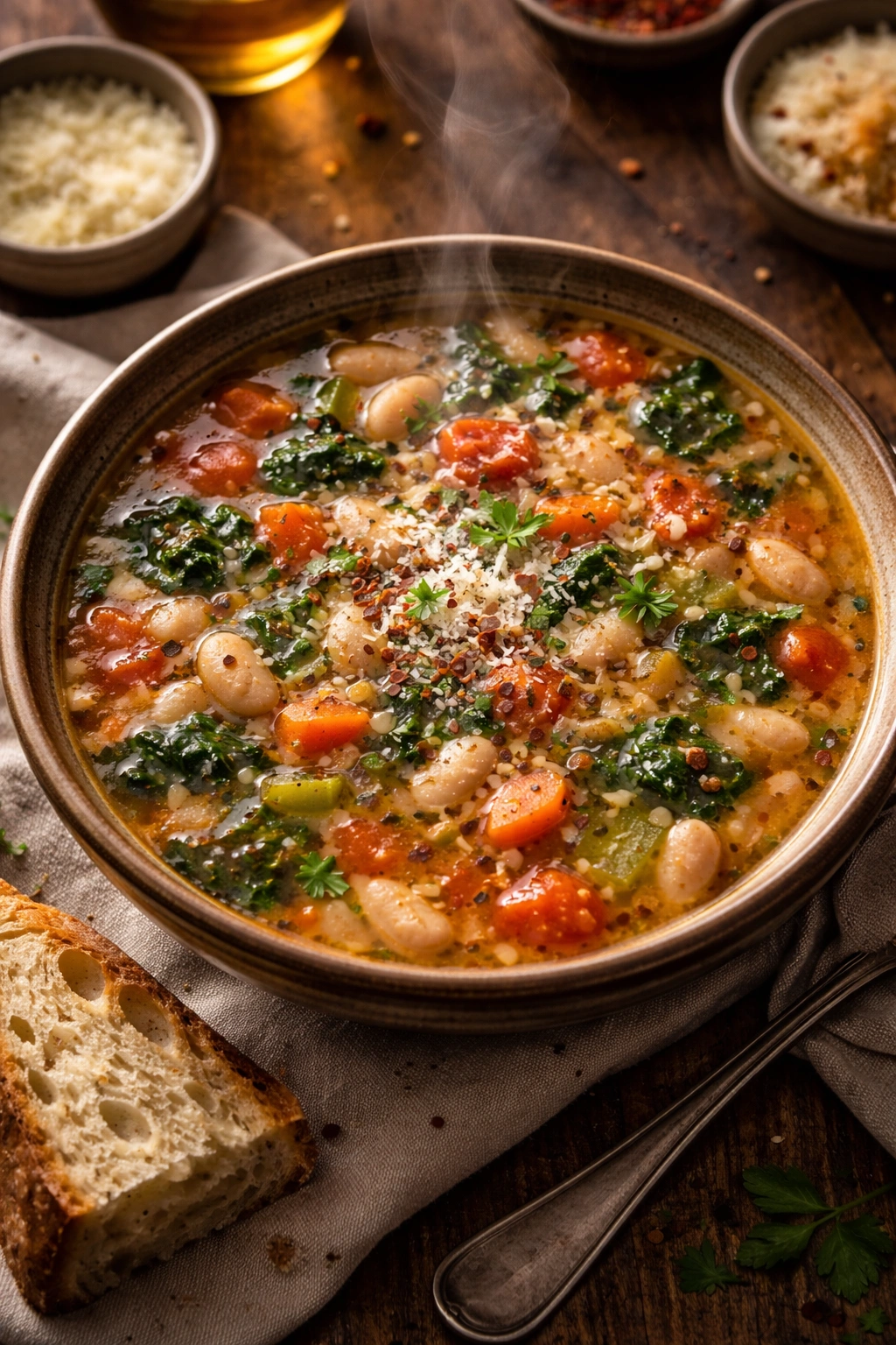 Tuscan white bean soup in a rustic bowl with vegetables