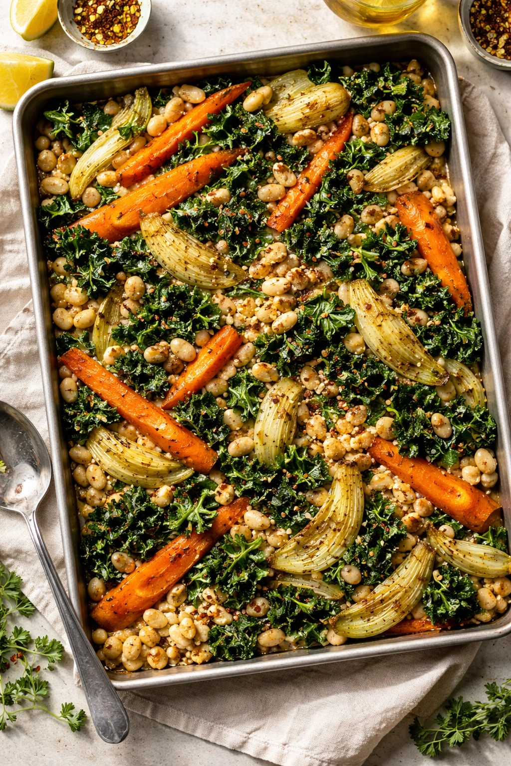 Sheet pan featuring white beans, kale, carrots, and fennel roasted together.