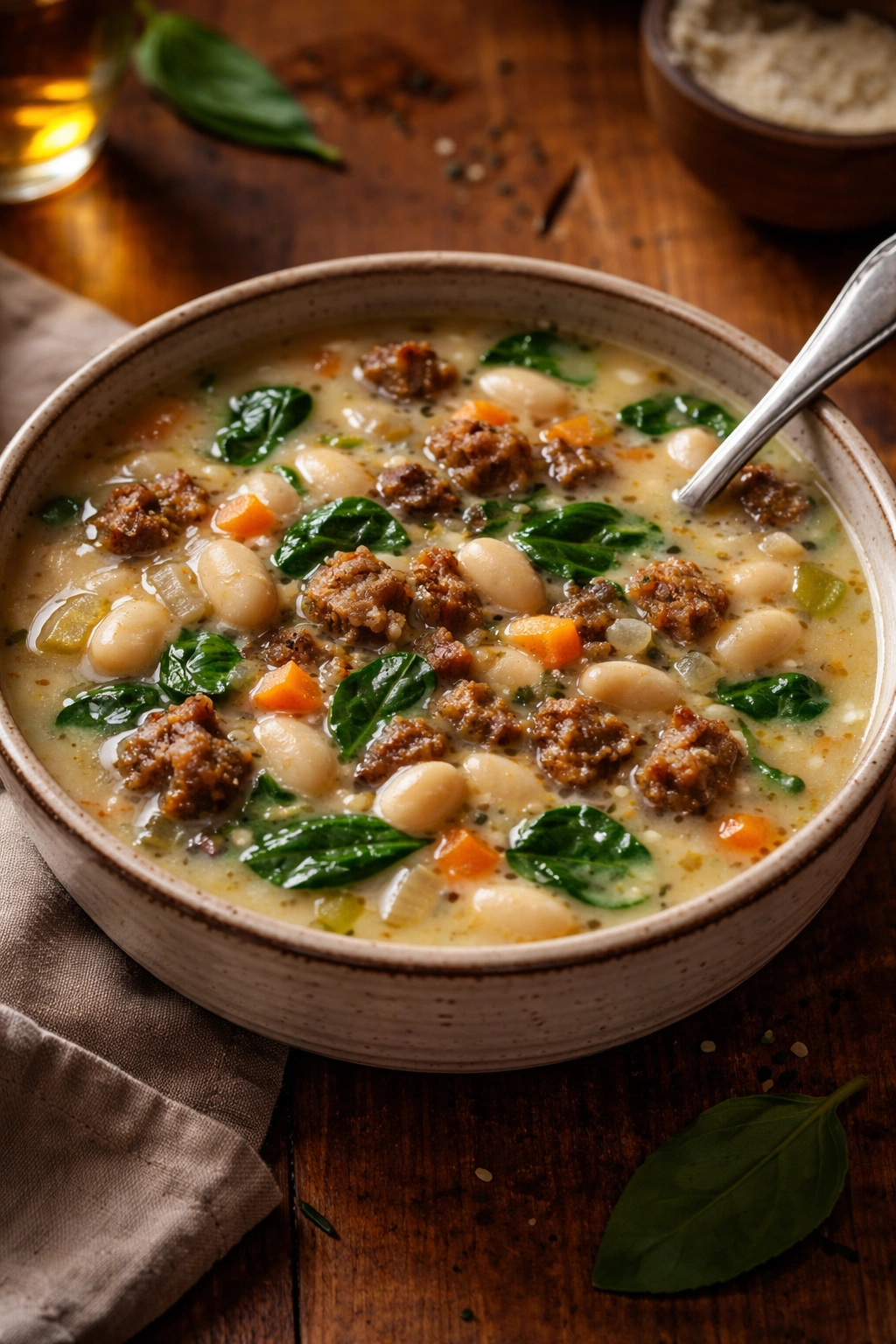 Close-up of white bean and sausage soup in a rustic bowl