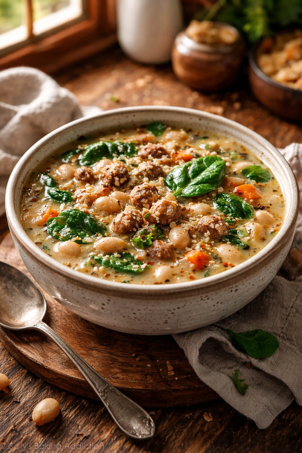 Creamy white bean and sausage soup with cannellini beans and spinach in a rustic bowl