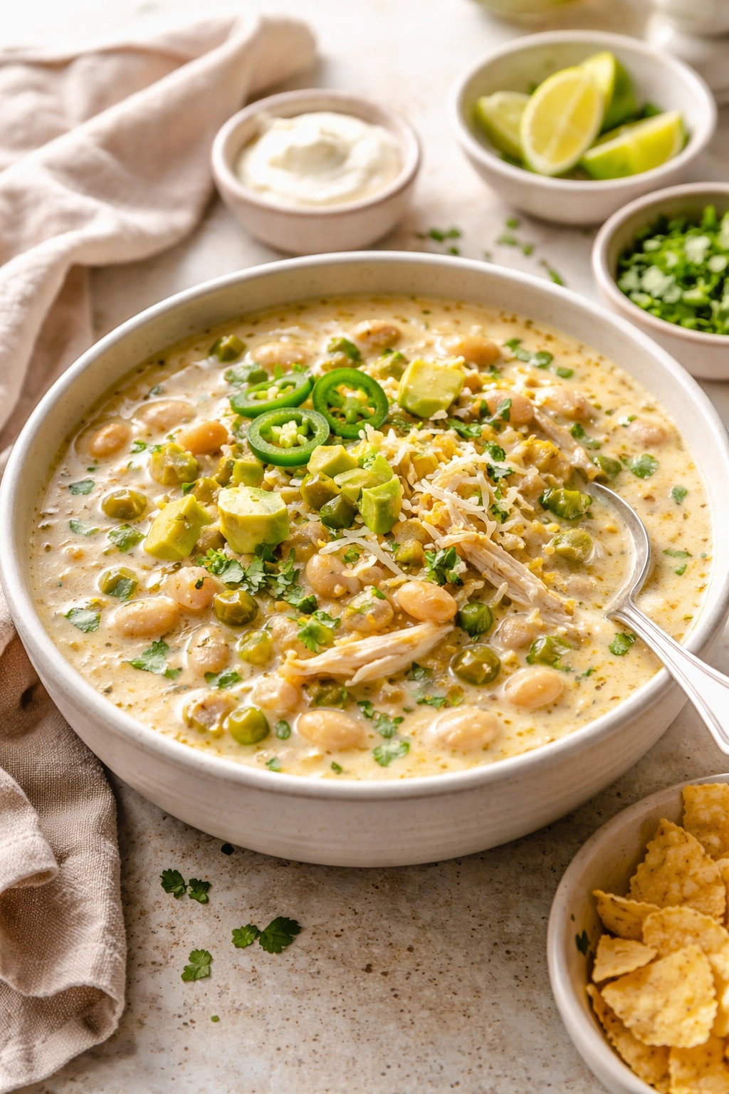 Creamy white chicken chili with chicken, white beans, and green chiles in a bowl.