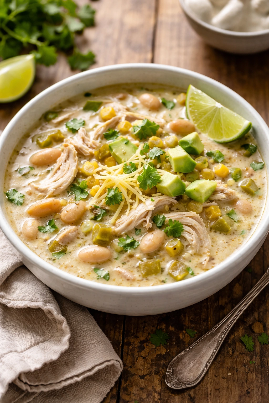 White chicken chili in a white bowl with beans and chicken