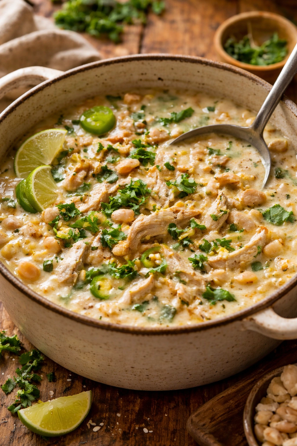 Creamy white chicken chili with white beans in a rustic pot