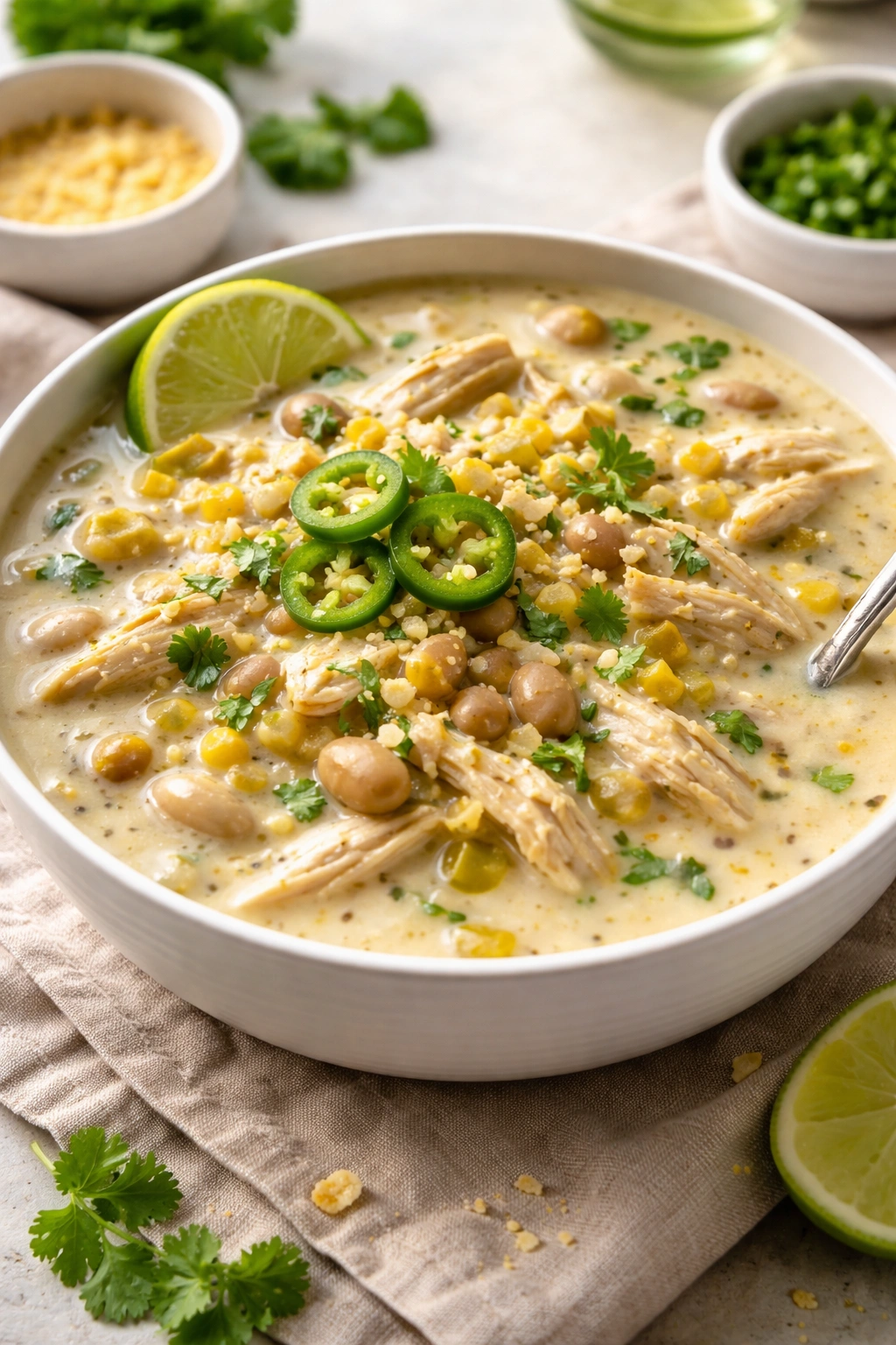 Creamy white chicken chili with cannellini beans and green chiles