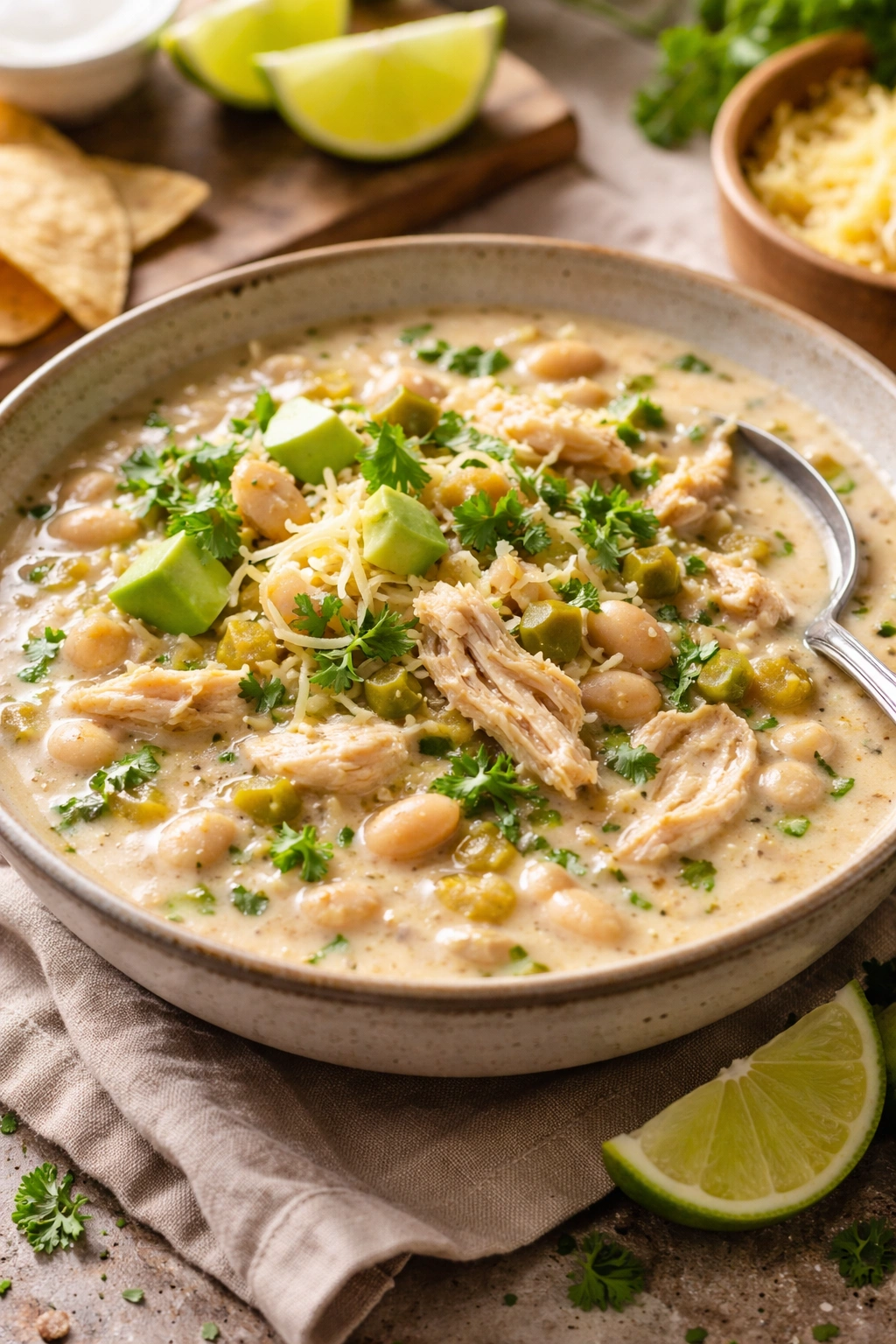Creamy white chicken chili in a rustic bowl with beans and green chiles