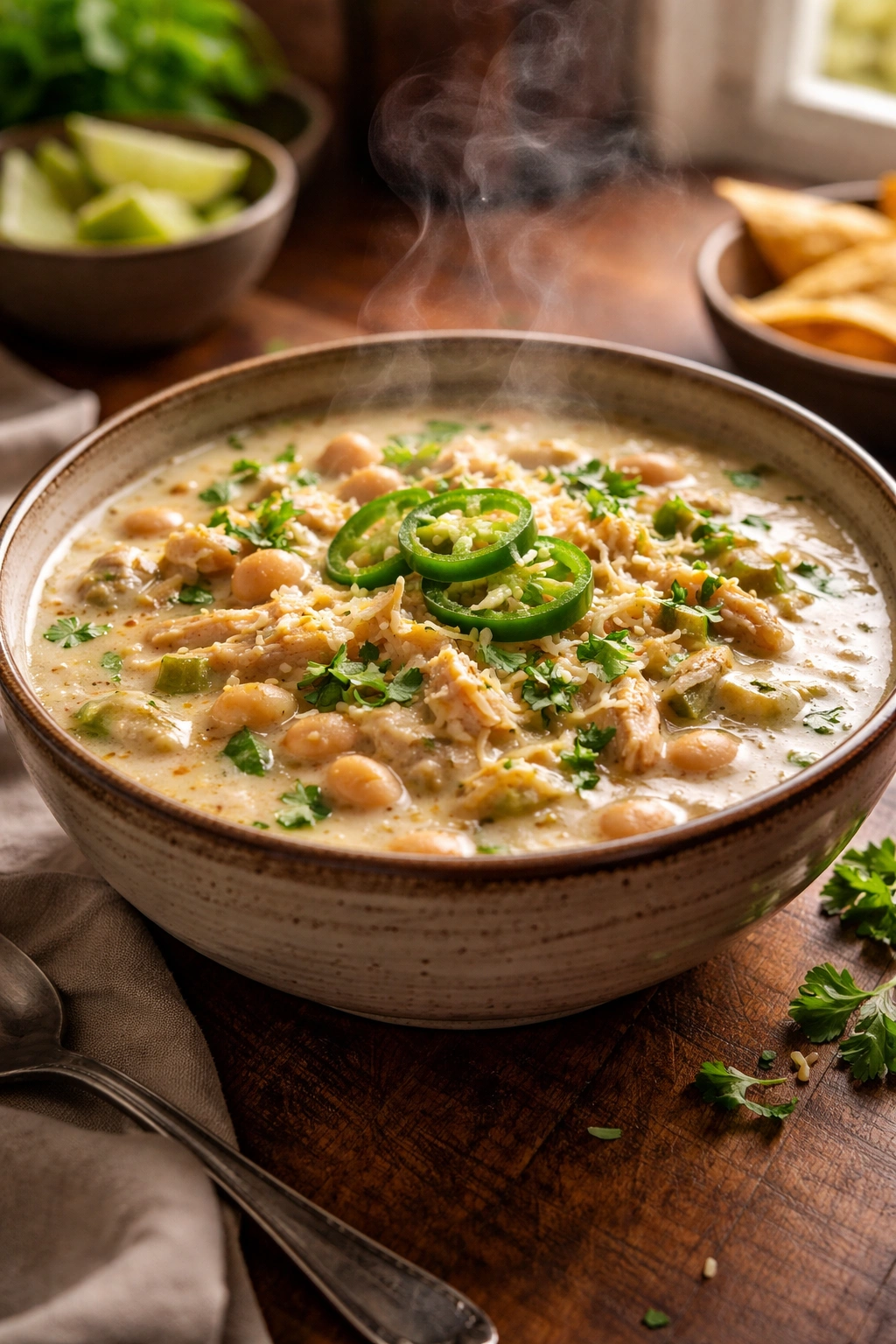 Creamy white chili with chicken and white beans in rustic bowl