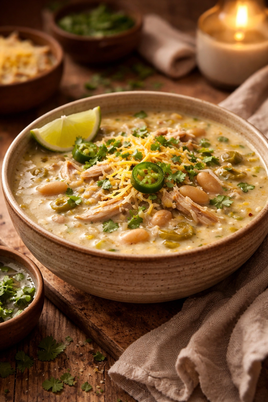Creamy white chicken chili in a bowl with white beans and green chiles
