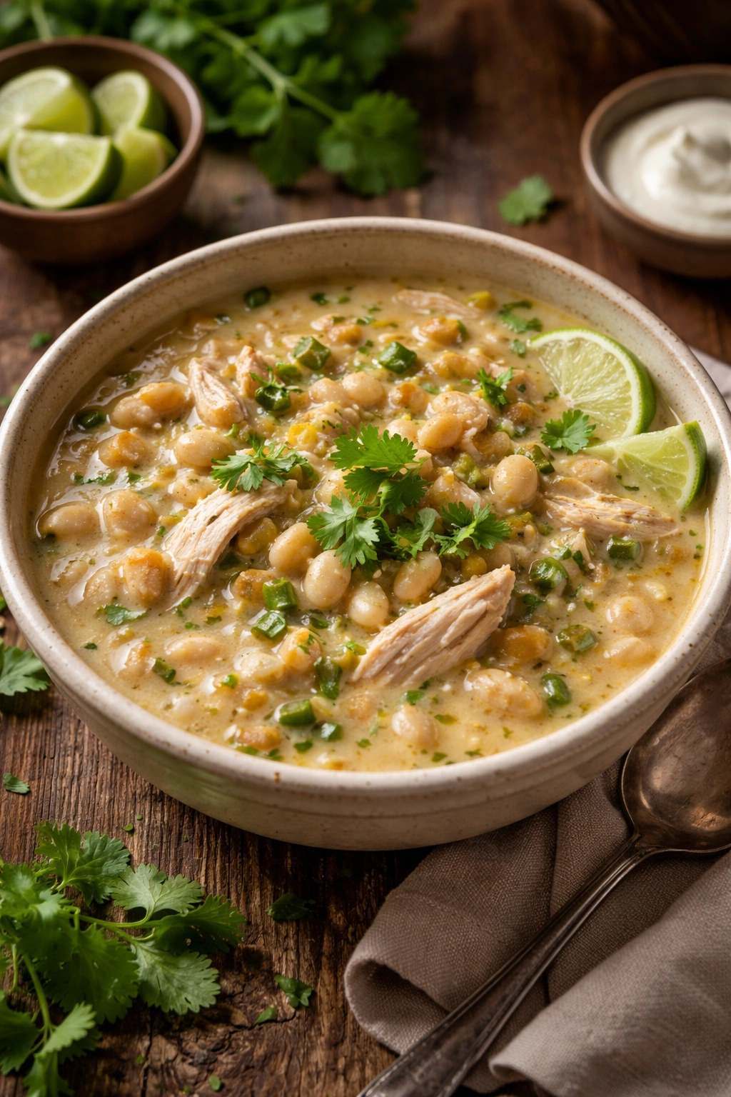 Close-up of steaming white chicken chili with beans and chicken on a rustic wooden table