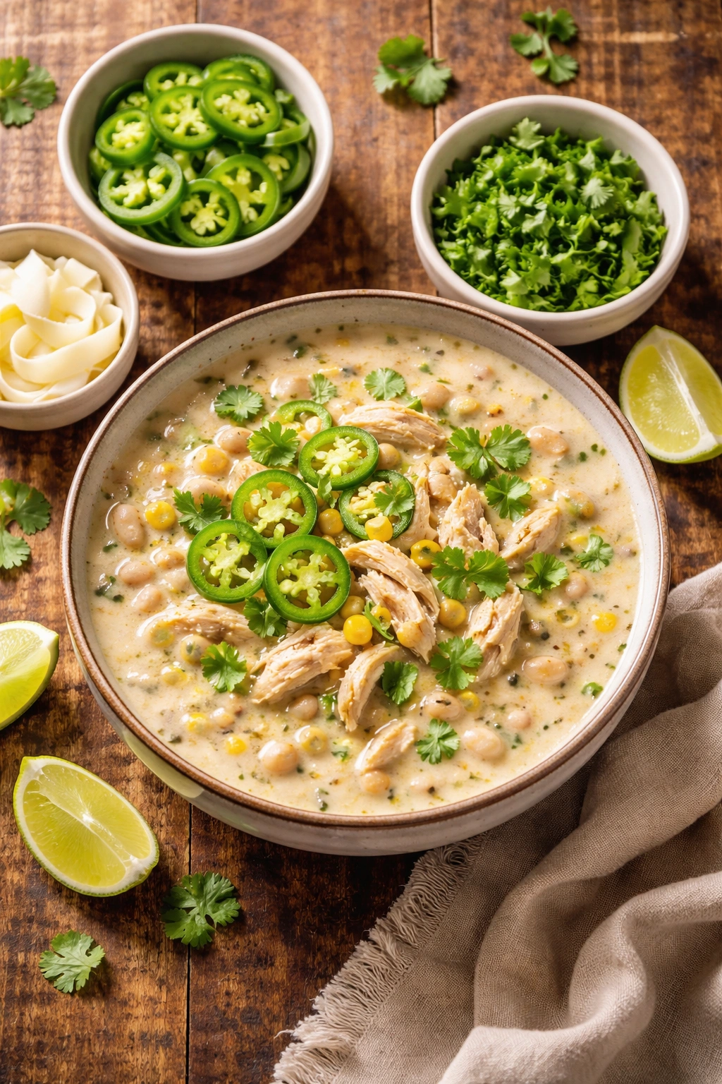 Creamy white chicken chili with jalapeños cilantro and cream cheese cues for variations