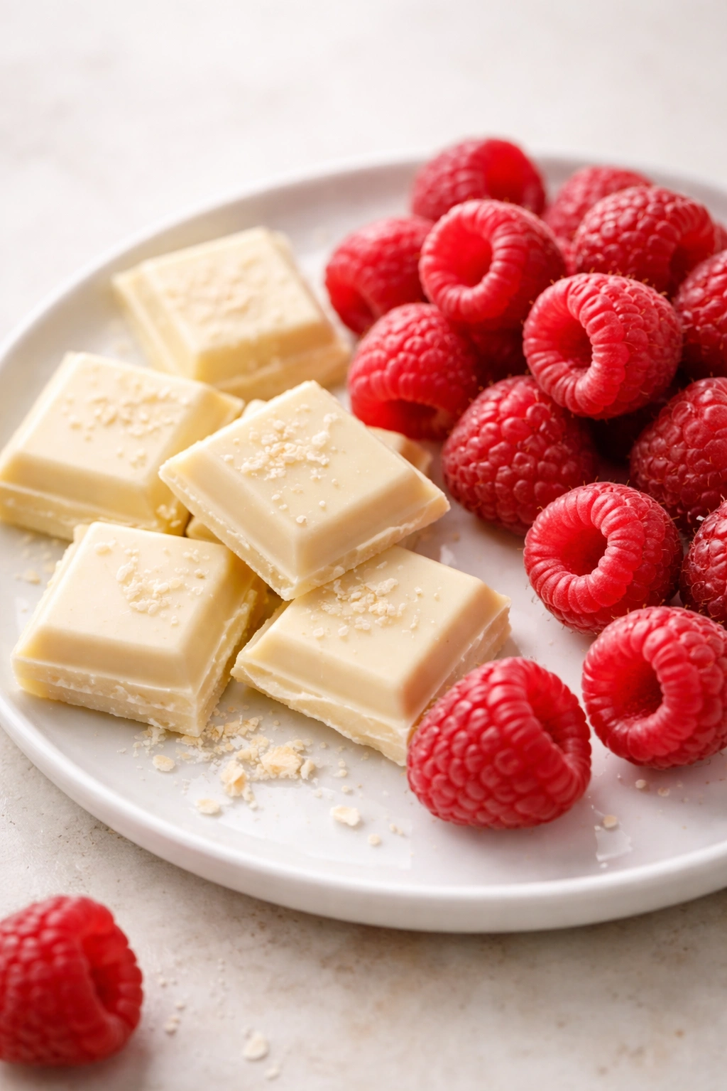White chocolate pieces with raspberries on a white plate, pairing concept