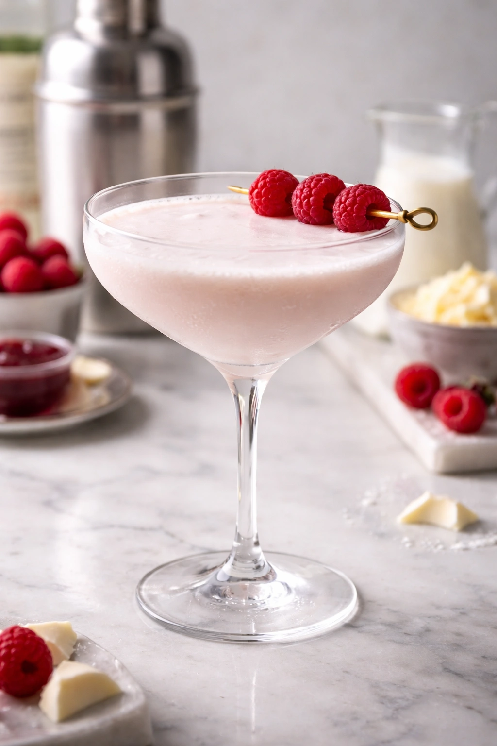 This Cocktail close-up of a pale white chocolate raspberry martini in a chilled coupe glass on a studio backdrop