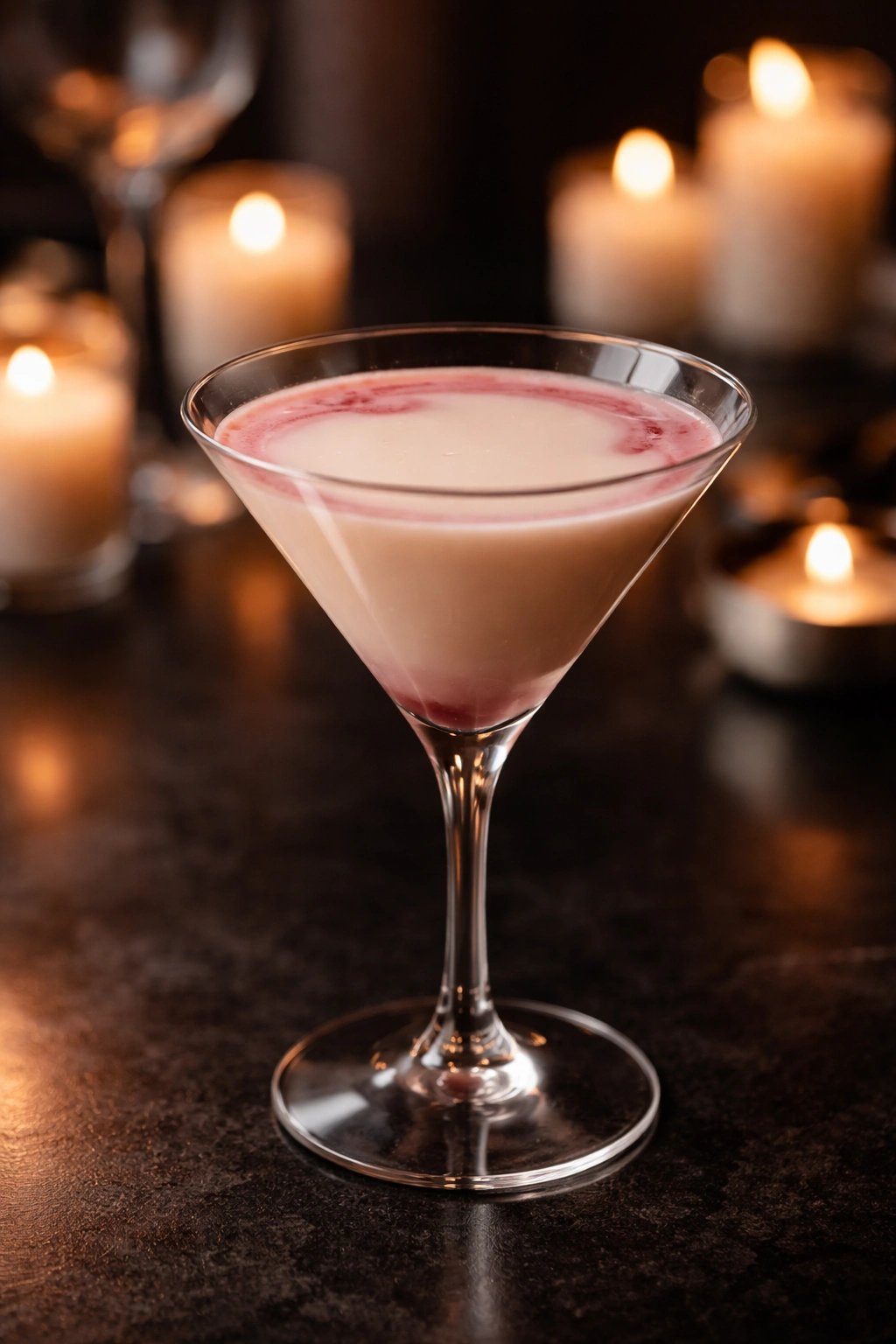 Close-up of a white chocolate raspberry martini on a dark surface with warm candlelight for date night