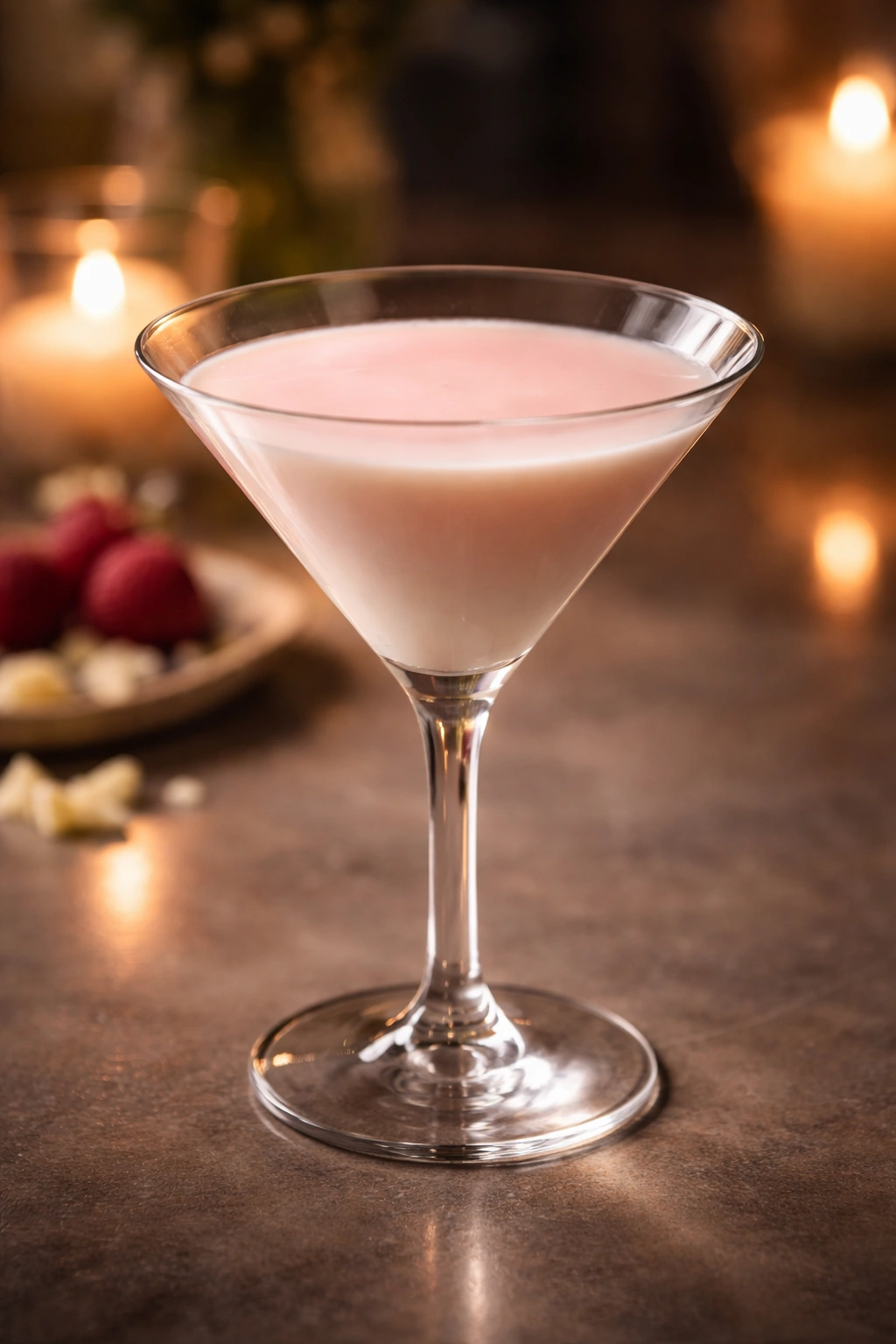 Close-up of a white chocolate raspberry martini on a reflective surface with soft ambient lighting