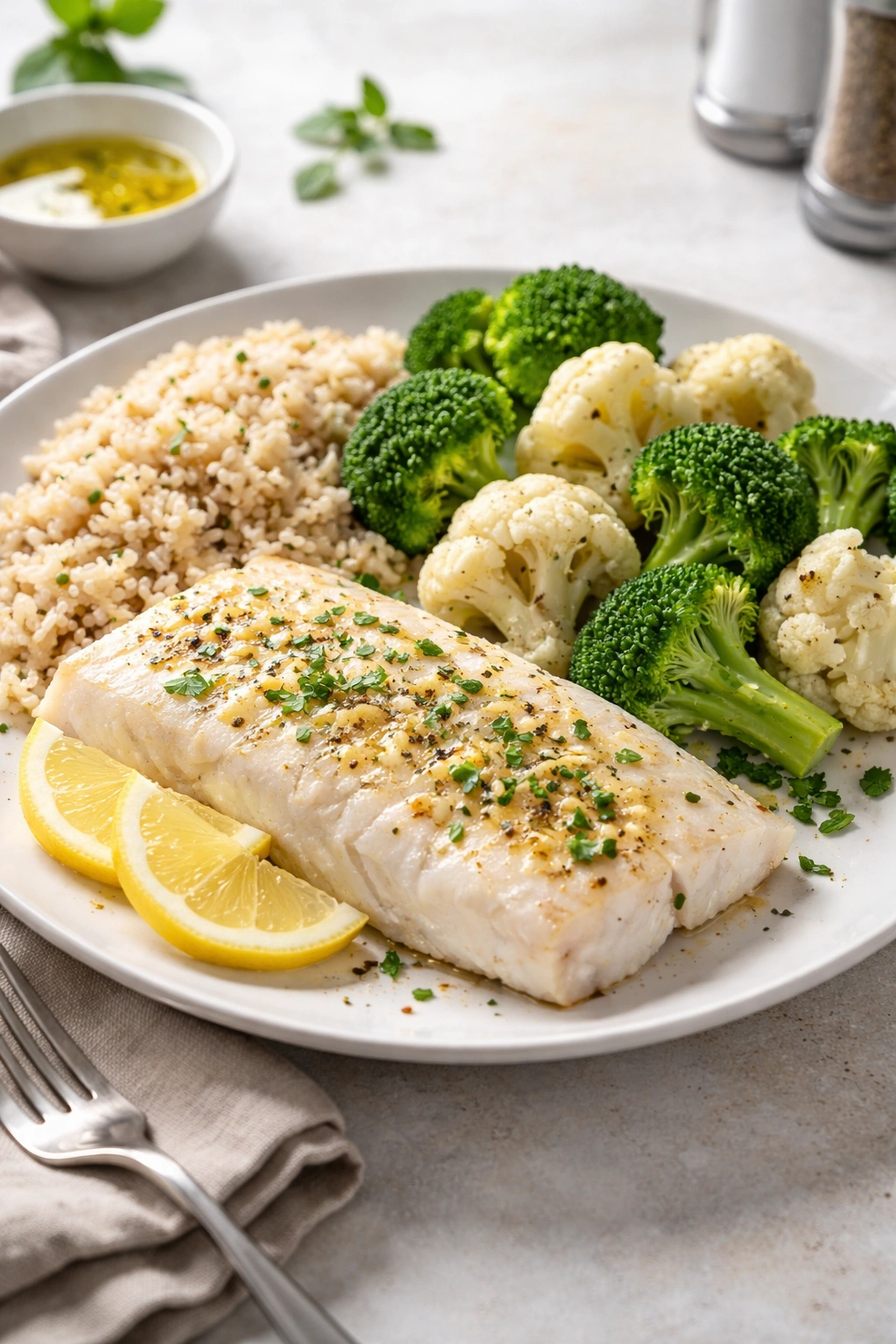 Baked white fish with steamed brassicas and brown rice on plate