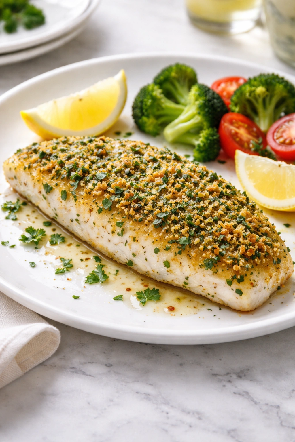 White fish with herb crust plated, light and healthy seafood dinner