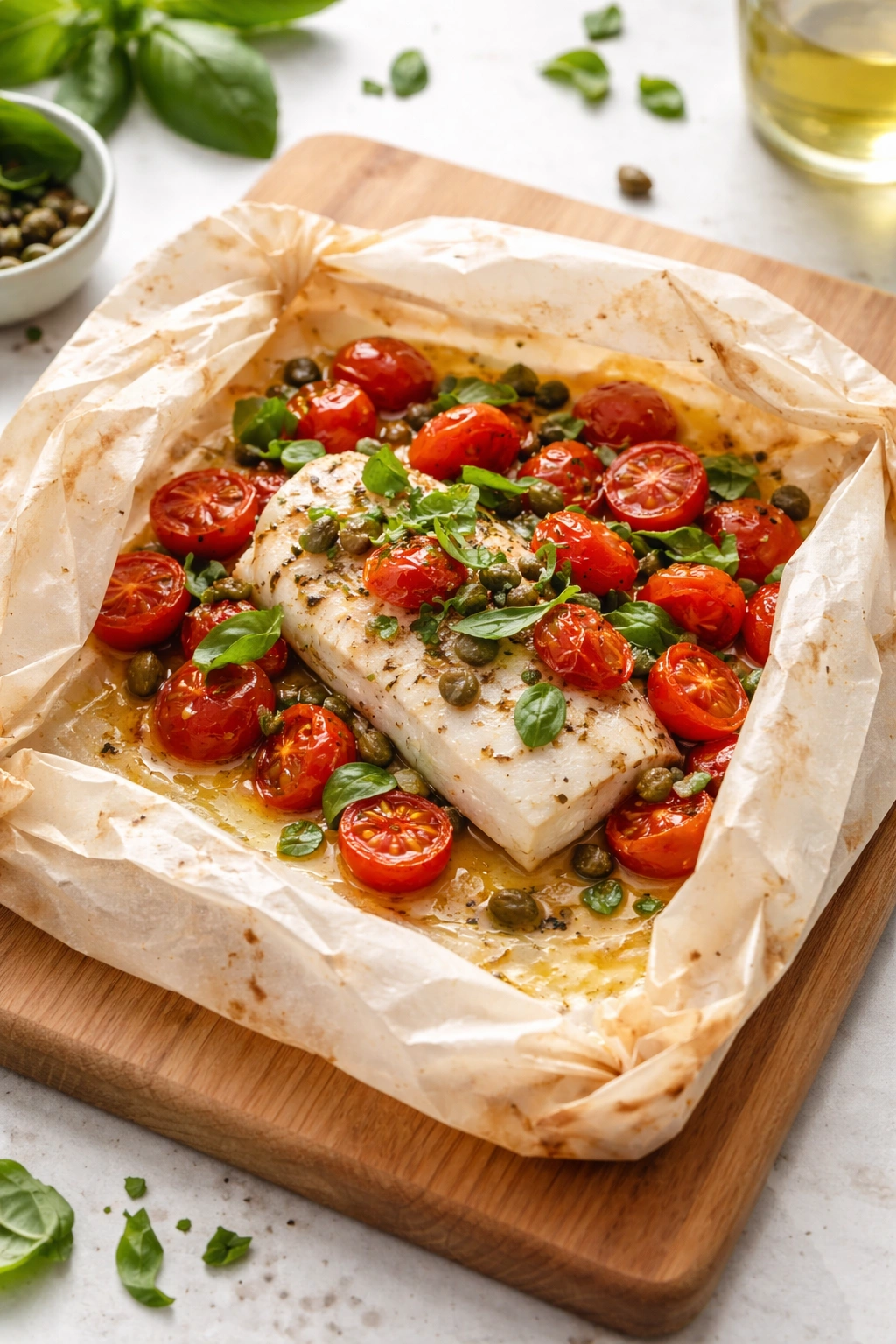 White fish with cherry tomatoes, capers, and basil inside parchment packet.