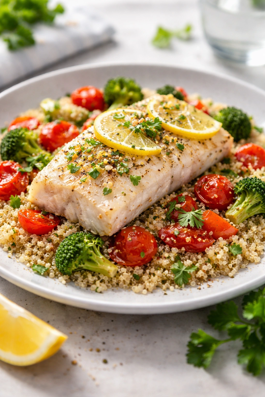 Baked white fish with quinoa on a plate