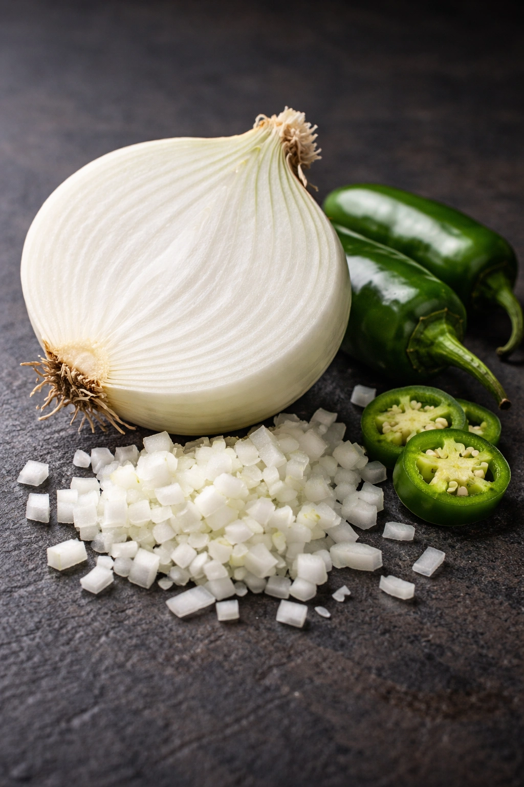 Halved white onion showing crisp layers on a dark background