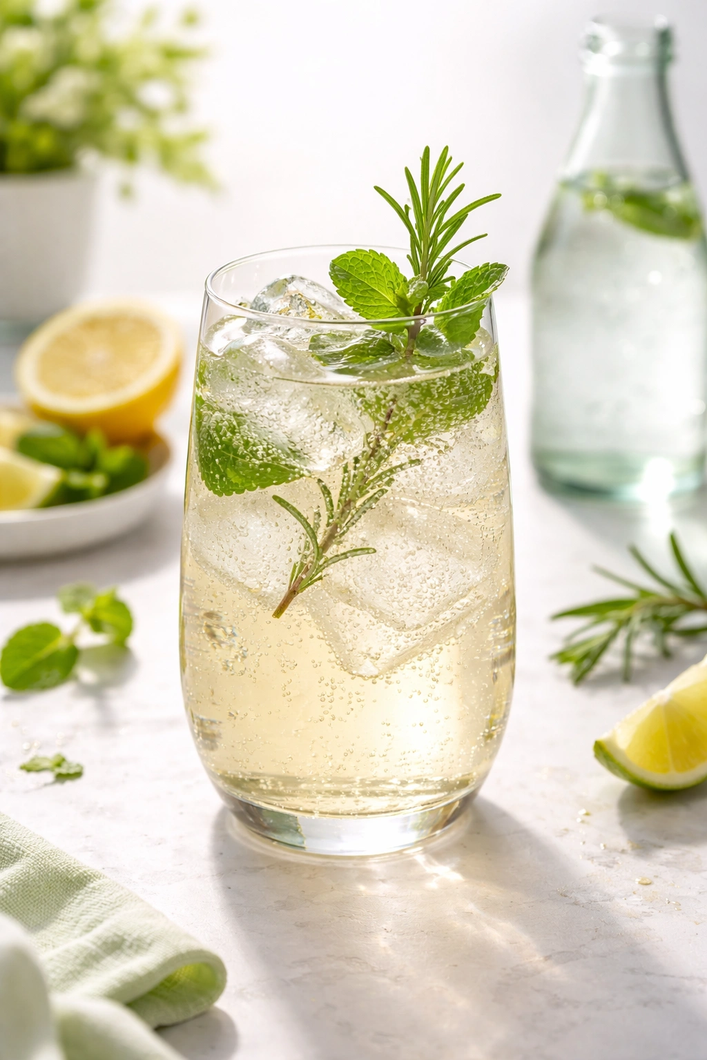 Glass of white wine spritzer with fresh herbs and bubbles