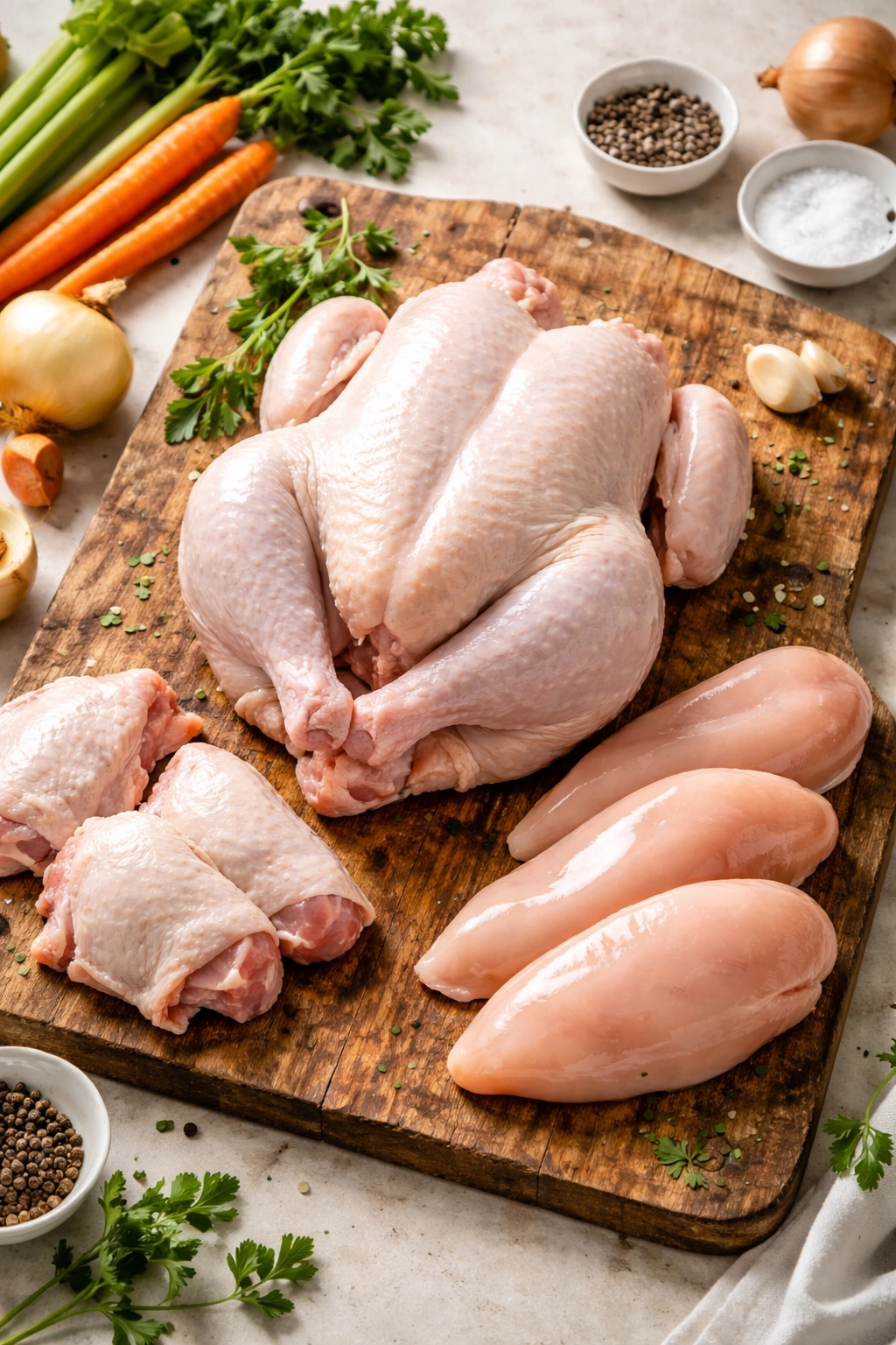 Raw whole chicken on a cutting board in a clean kitchen