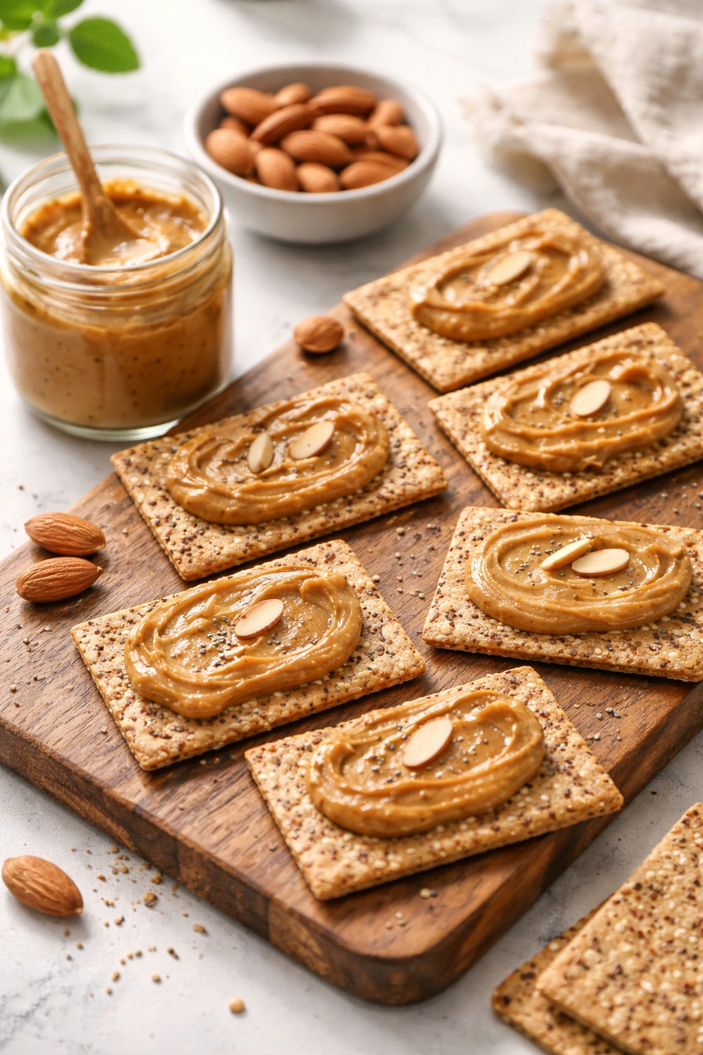 Close-up of whole grain crackers with almond butter on a wooden board