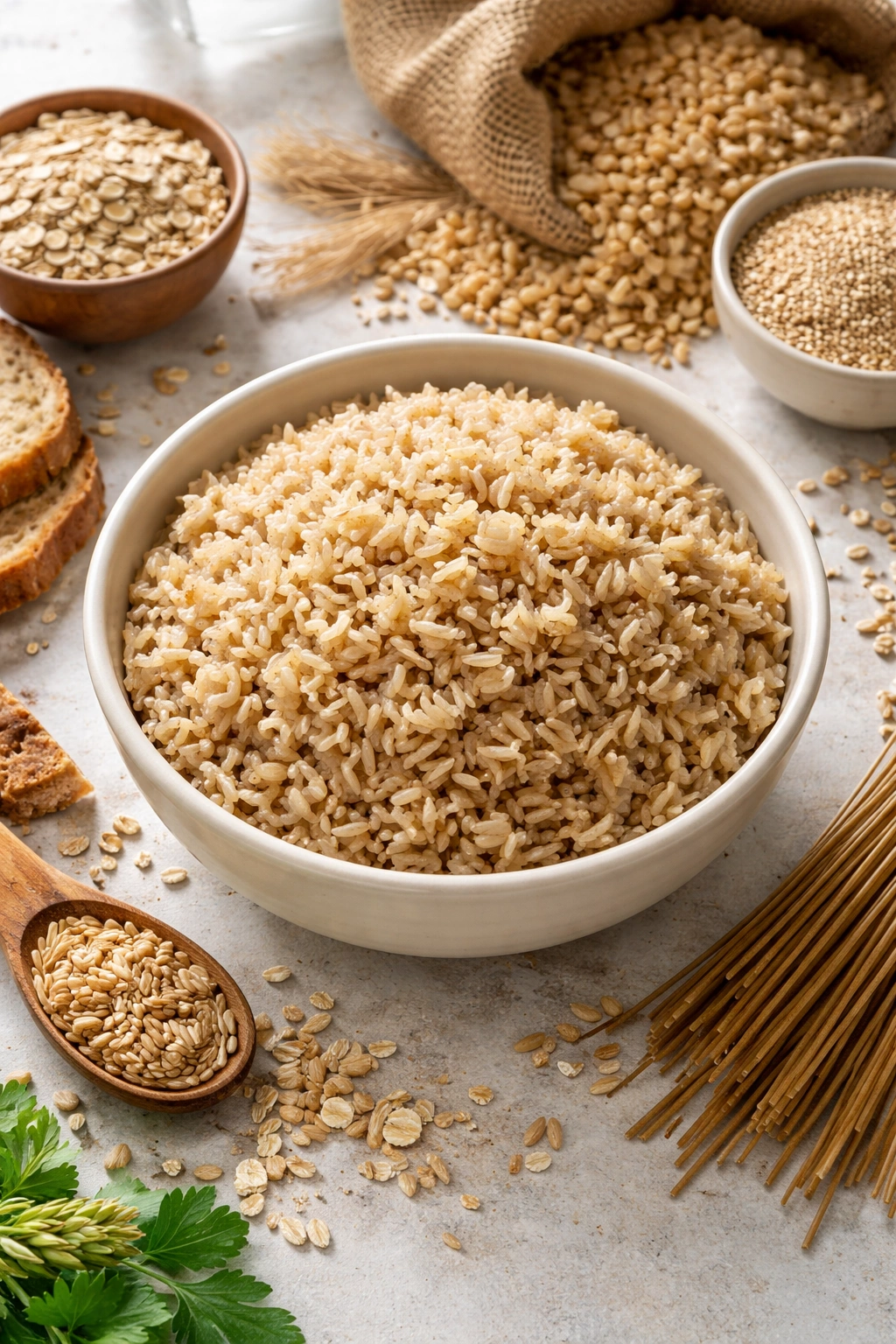 Bowl of brown rice highlighting whole grains for satiety
