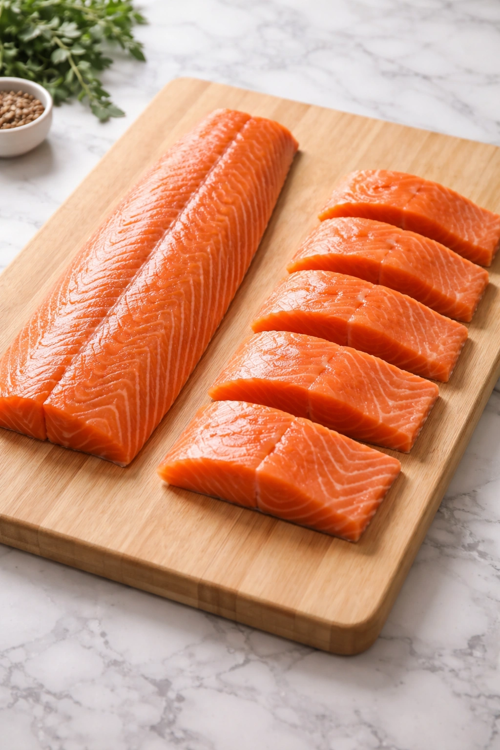 Whole salmon fillet on cutting board with even thickness