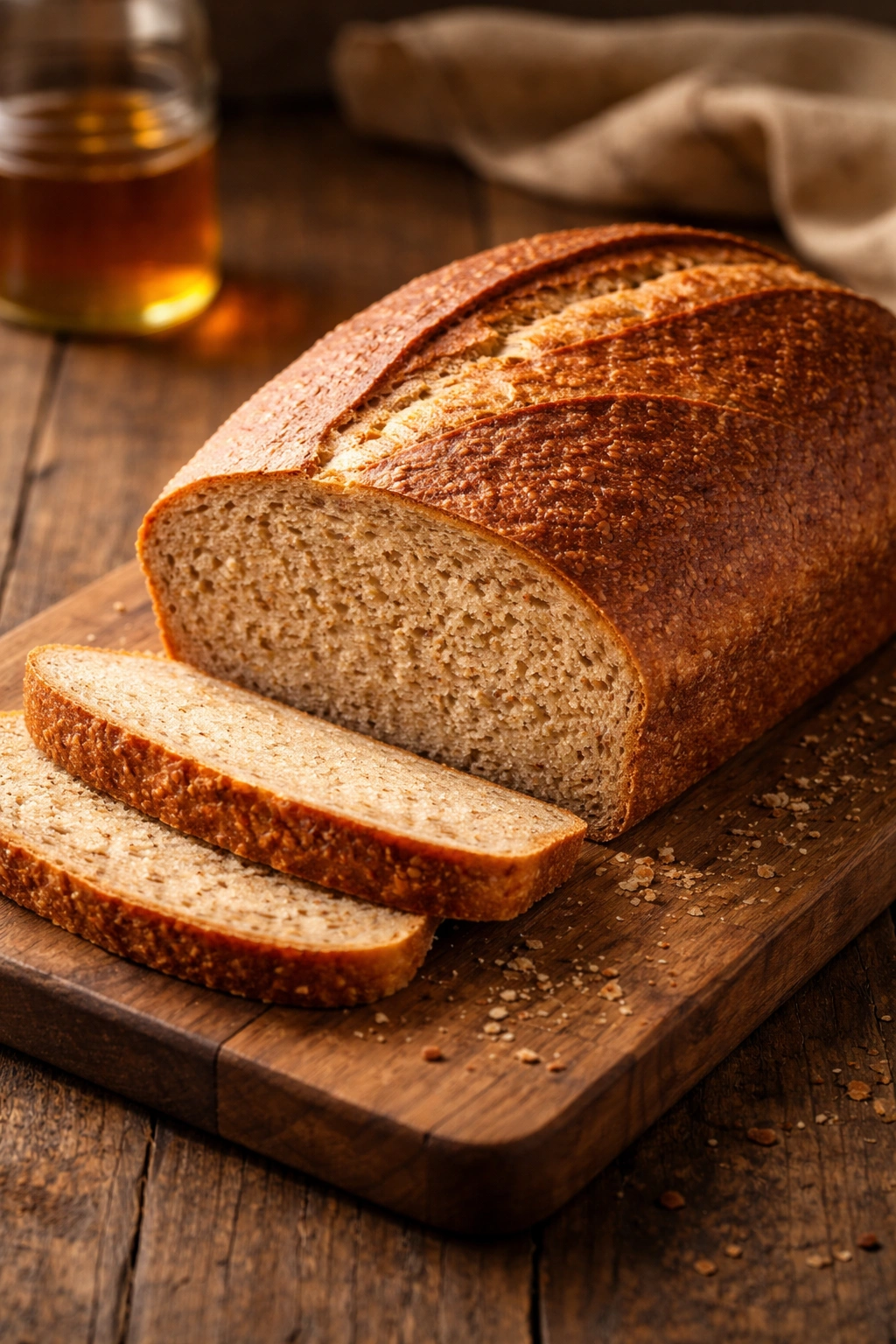Whole Wheat Honey Bread loaf with dark crust on wood