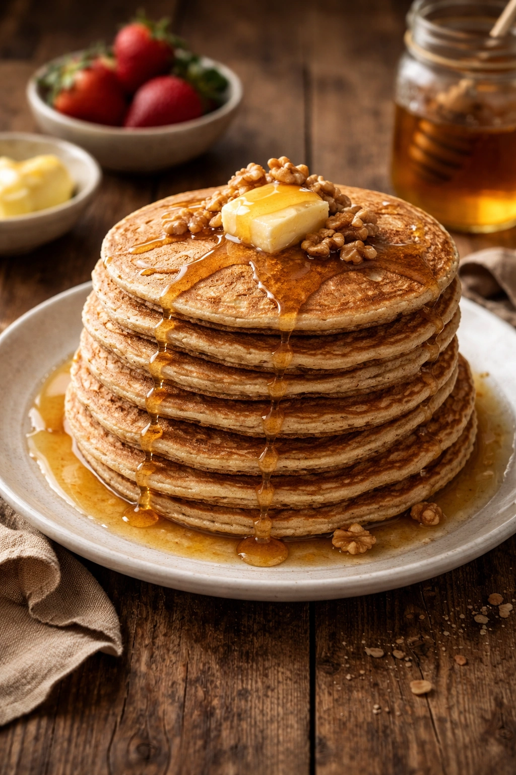 Hearty whole wheat honey pancakes with honey drizzle on a wooden table