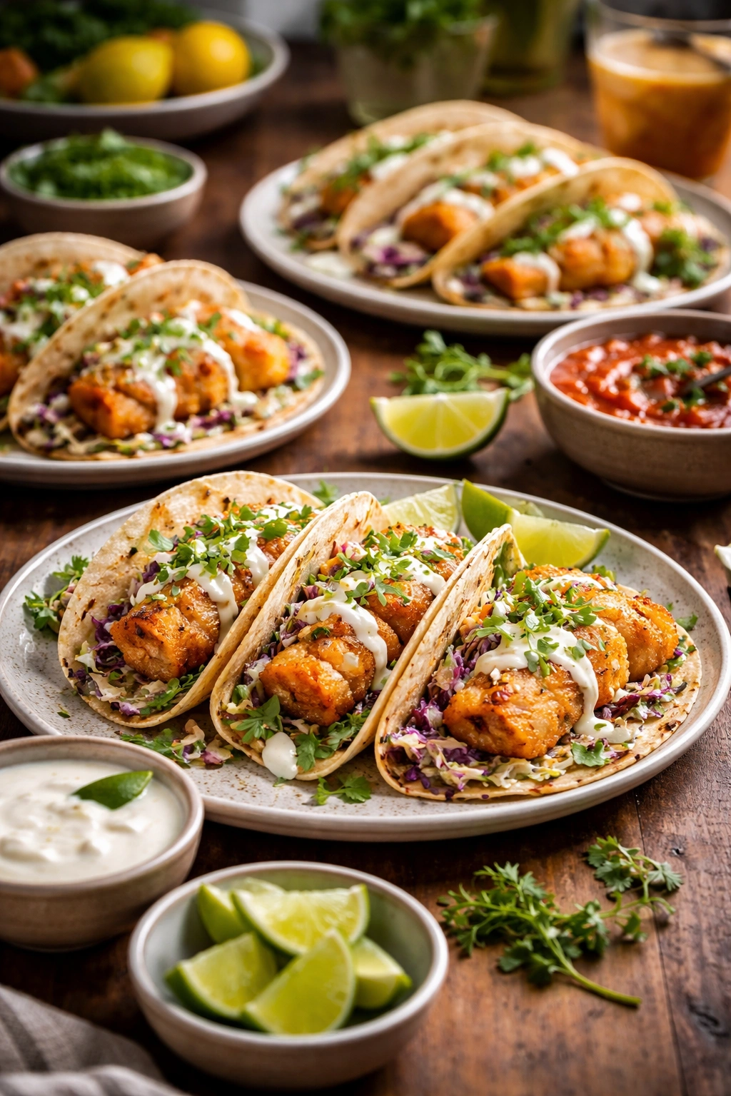 Inviting table with multiple fish tacos illustrating repeat appeal