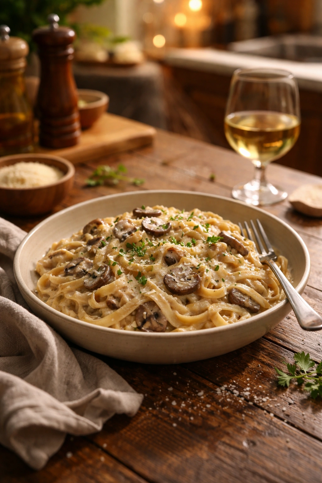 Warm kitchen scene with a steaming bowl of creamy mushroom pasta
