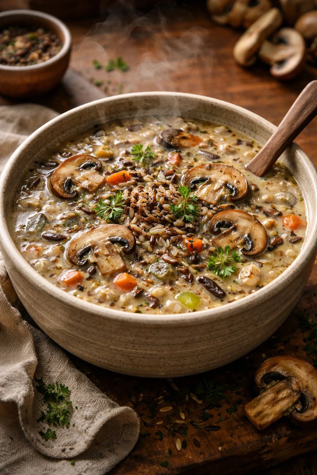 Close-up of steaming Wild Rice and Mushroom Soup in a bowl showing rice grains and mushroom slices
