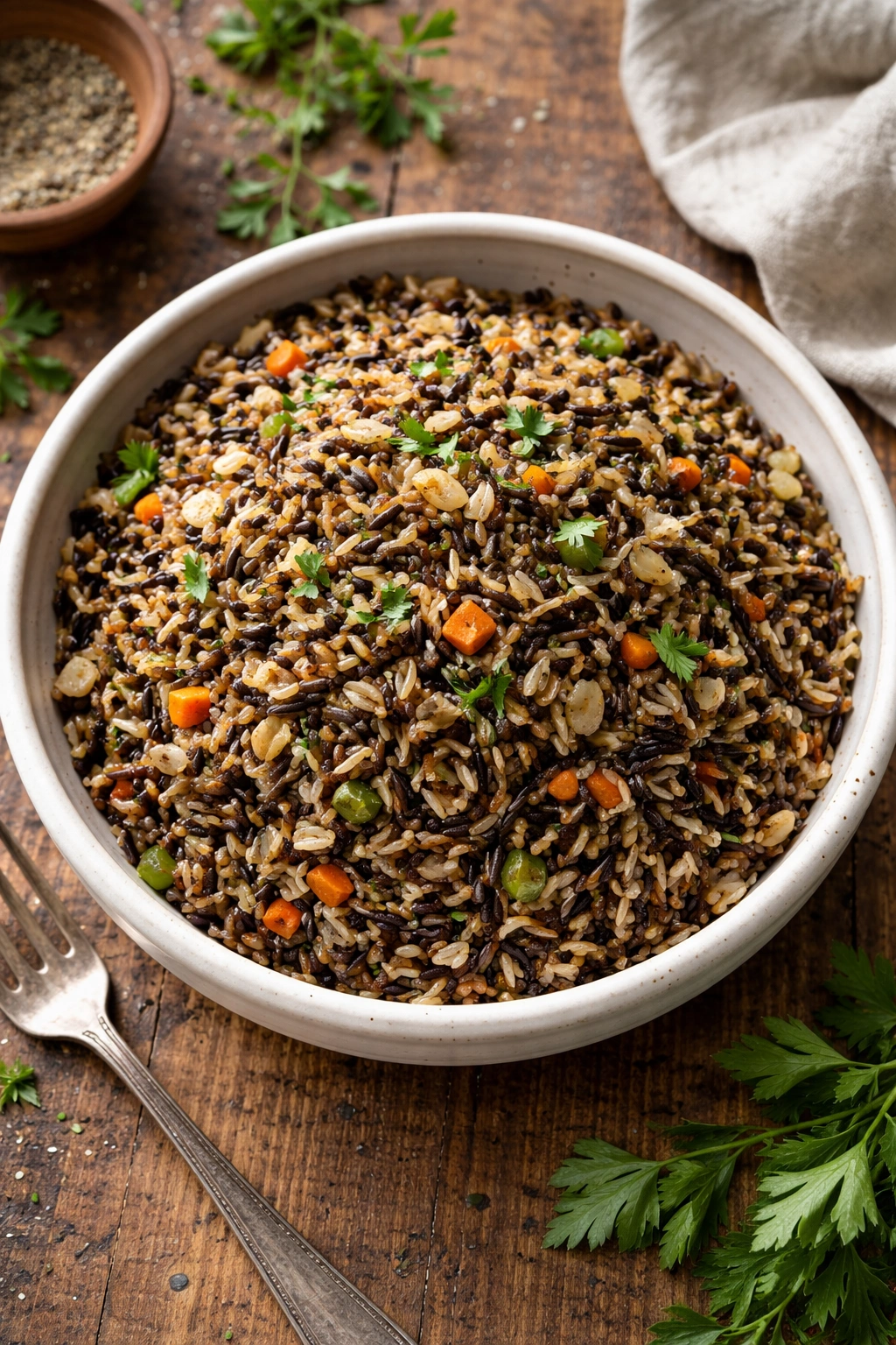 Close-up of wild rice pilaf with herbs in a bowl.