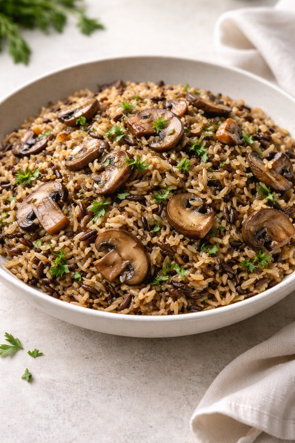 Mushroom wild rice pilaf with herbs in a shallow bowl