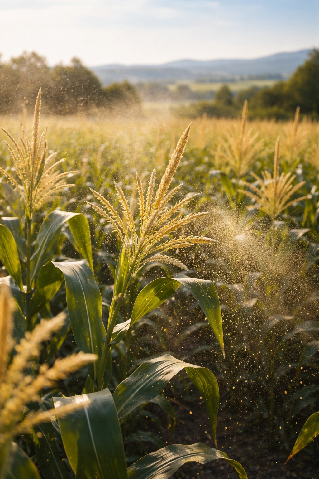Corn field with airborne pollen carried by wind illustrating wind pollination