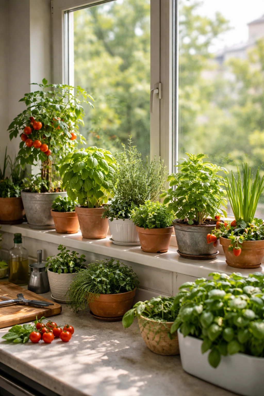 Windowsill garden with herbs and compact vegetables in sunny light