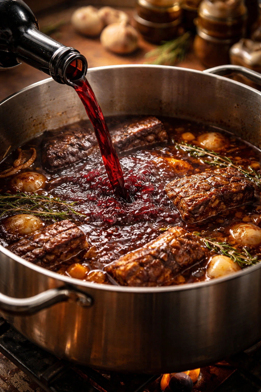 Dark red wine and beef broth braising liquid in pot