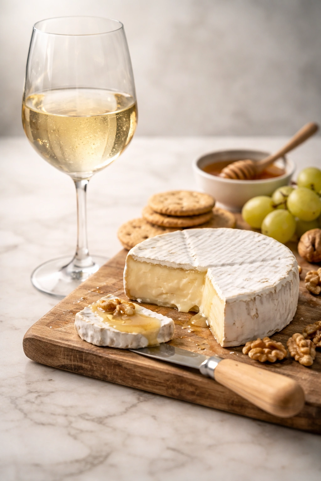 Soft cheese next to a glass of white wine, illustrating wine and cheese pairing
