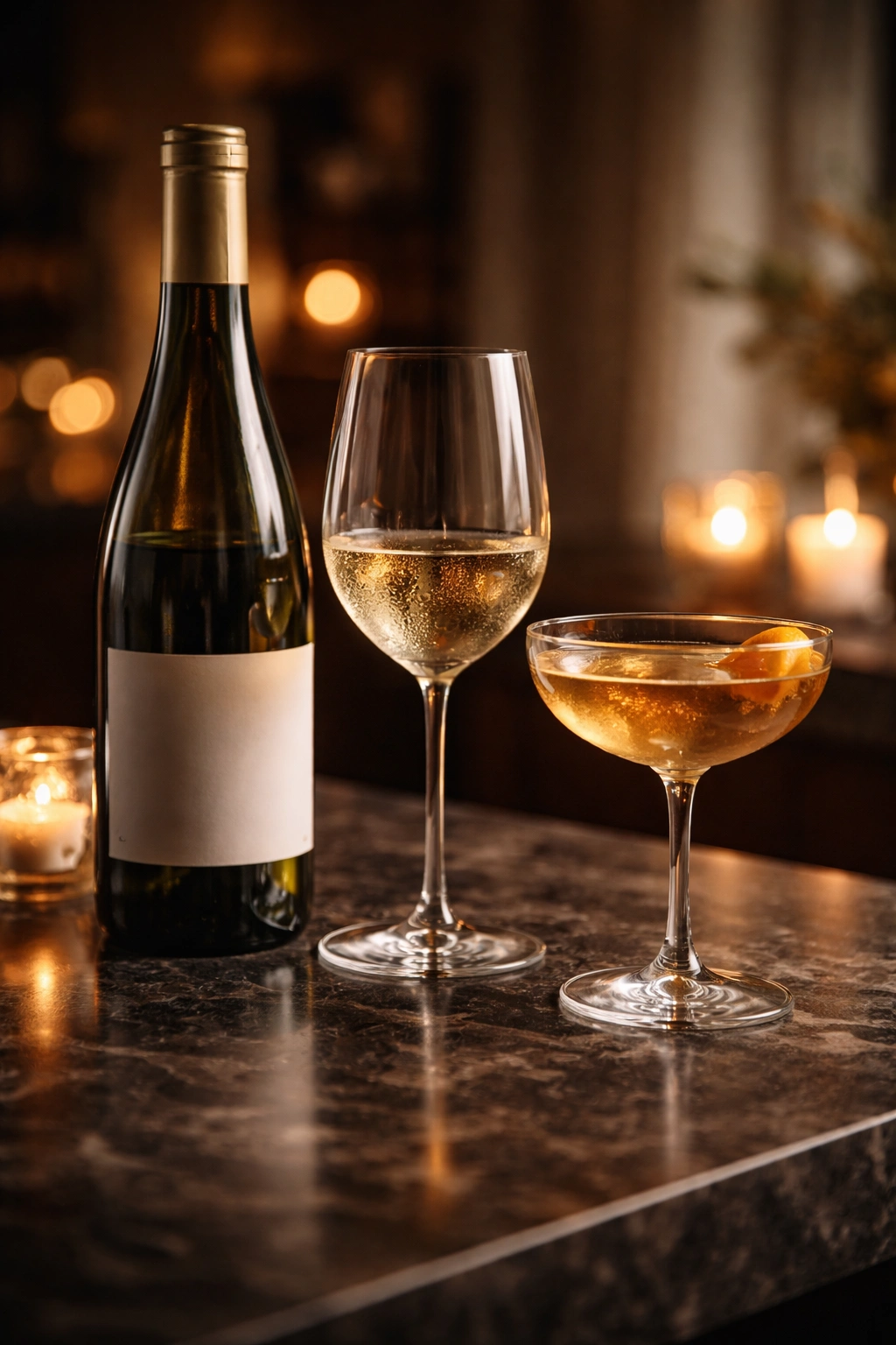Close-up of a wine bottle and glass with a cocktail glass on marble surface for beverage pairing