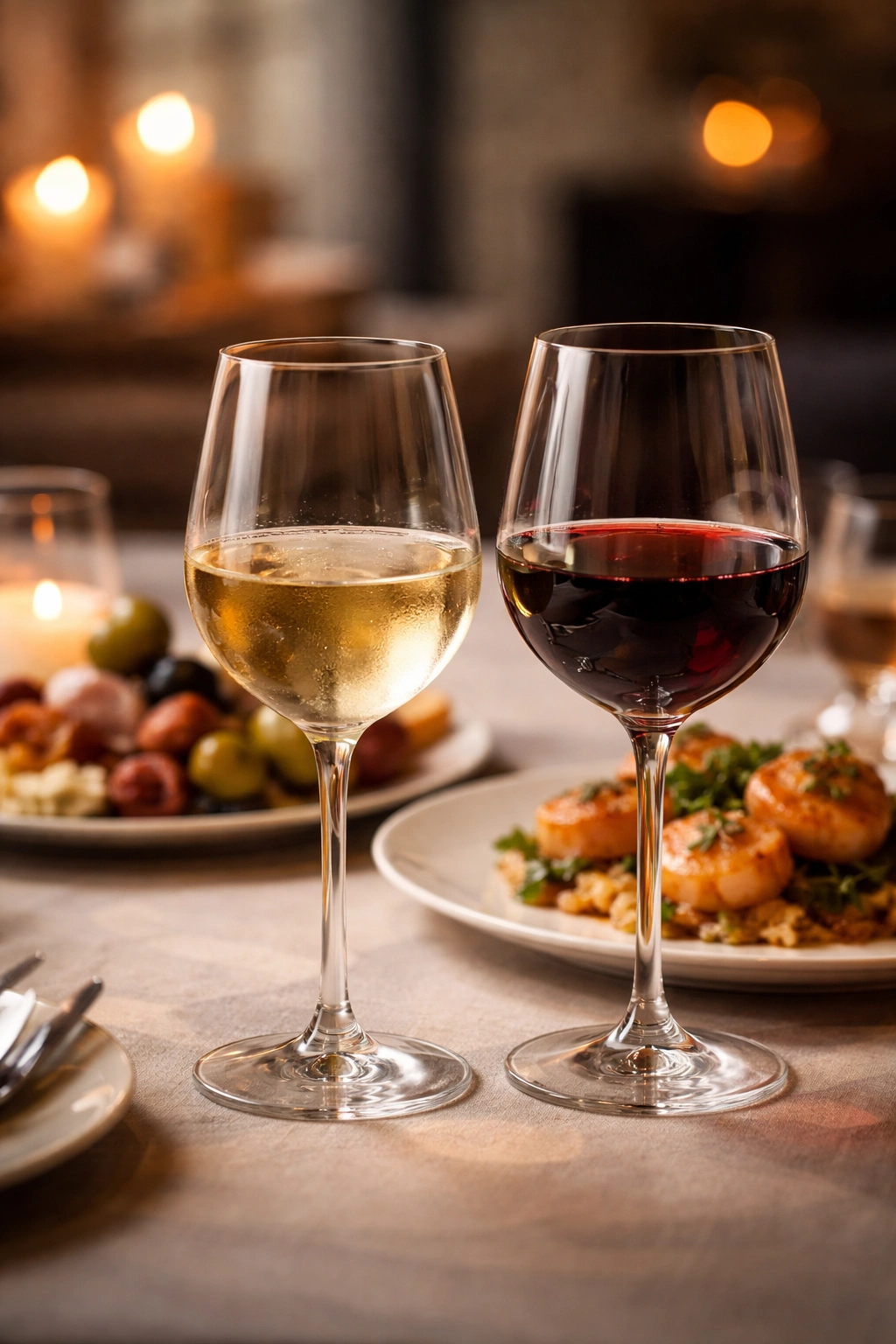Two wine glasses (white and red) with a small dish in background suggesting pairing