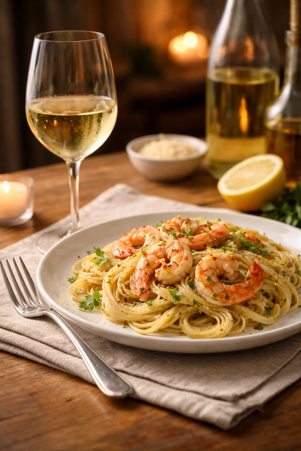 Wine glass and plate of shrimp pasta illustrating pairing suggestions