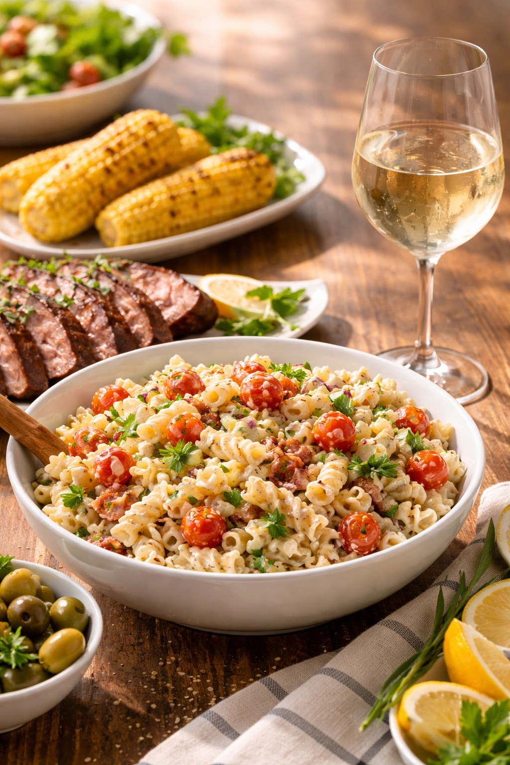Glass of white wine paired with steakhouse pasta salad