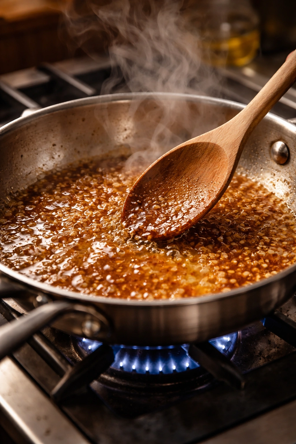 Close-up of wine reduction in a skillet with a wooden spoon scraping fond.