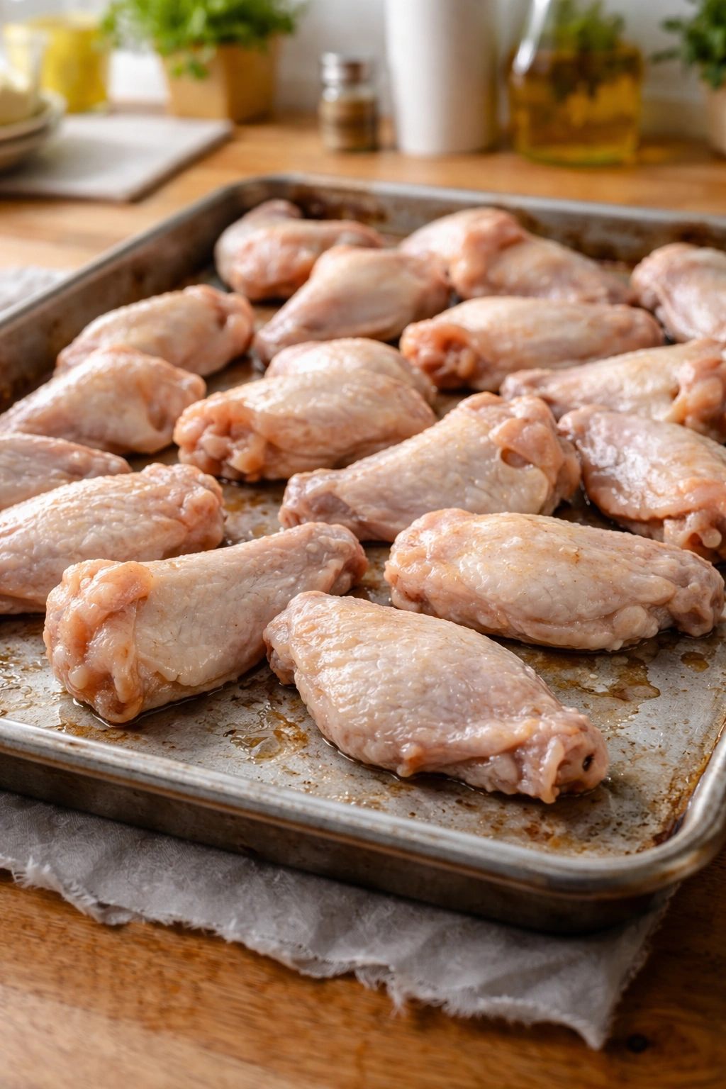 Wings on a baking sheet showing moisture and uneven drying