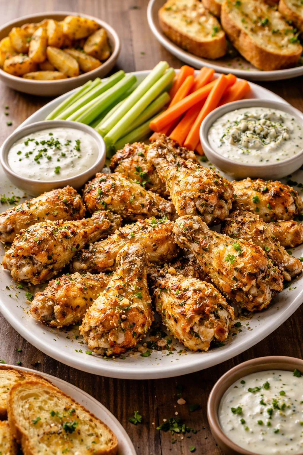 Wings served with celery sticks and dips on a platter
